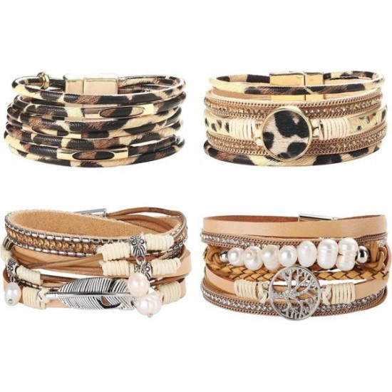 Leopard Bracelets For Women Tree Of Life Leather Bracelet Multilayer Wide Leather Wrap Bracelet